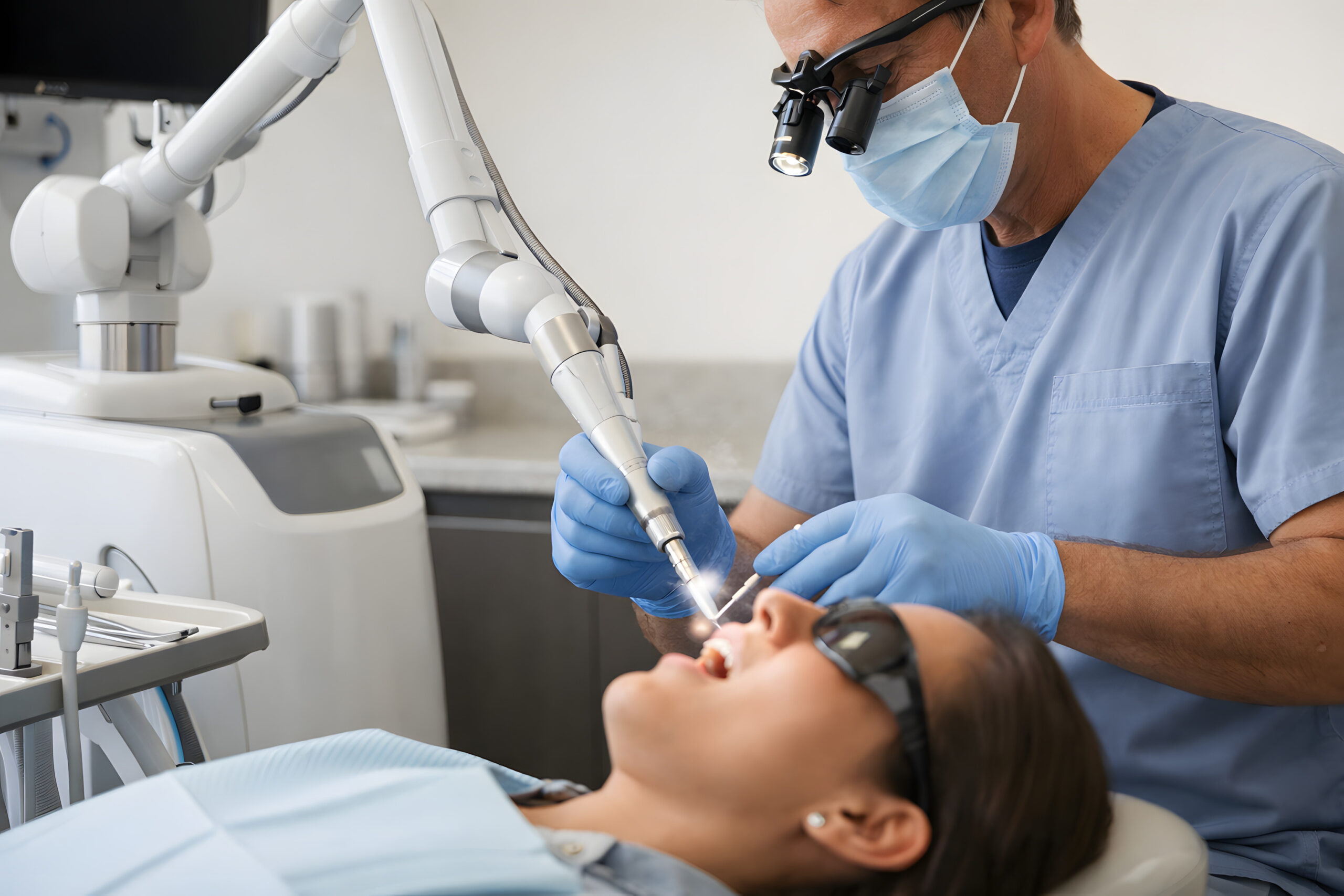 Dentist Performing Laser Dental Treatment on Patient in Modern Clinic